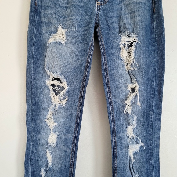 Y2K Distressed Ripped Low Rise Jeans Medium Wash Grunge Indigo‎ Rein // Size 3 - Picture 3 of 9
